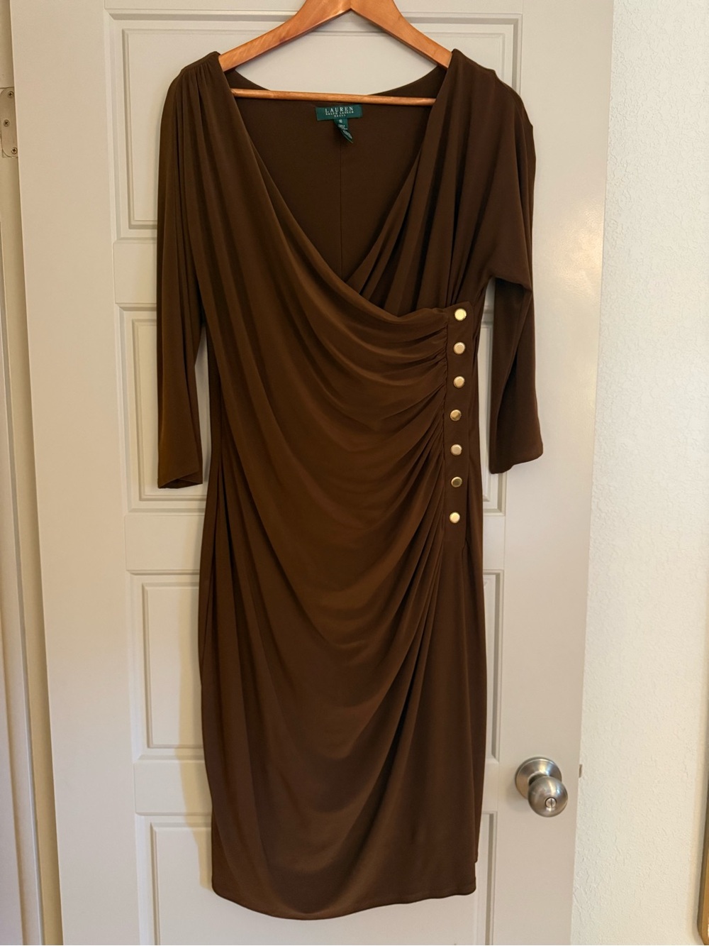 Ralph Lauren Brown Draped Midi Dress with Gold Buttons